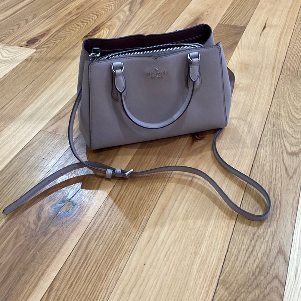 Kate Spade small Darcy satchel crossbody purse (warm taupe w/burgundy interior)